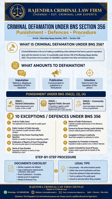 Criminal Defamation Under BNS Section 356: Punishment, Defences and Procedure - Infographic 