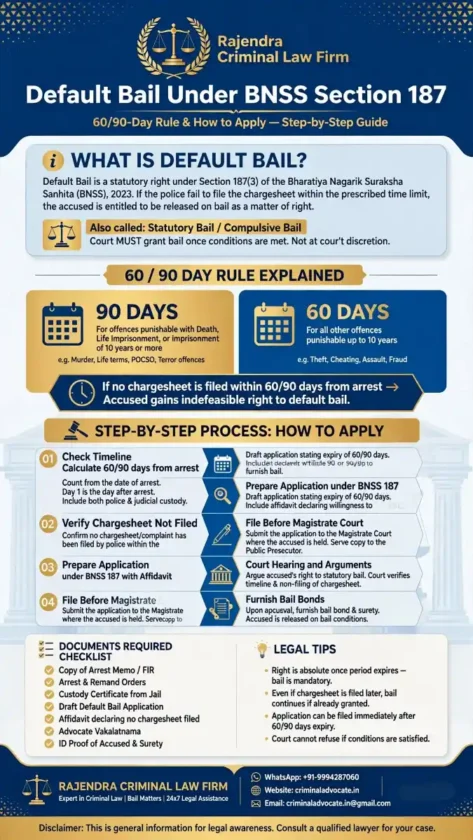 Infographic image of Default Bail Under BNSS Section 187: 60/90-Day Rule and How to Apply